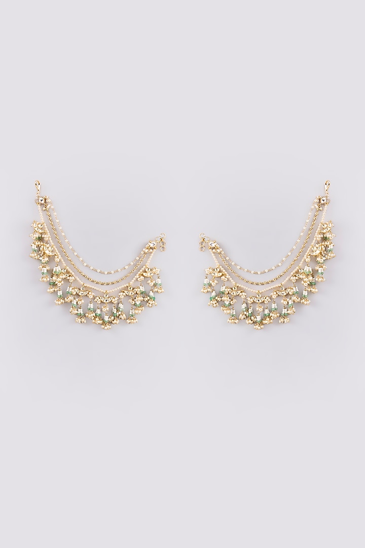 Gold Finish Kundan Polki & Pearl Ear Chain Dangler Earrings by Preeti Mohan at Pernia's Pop Up Shop
