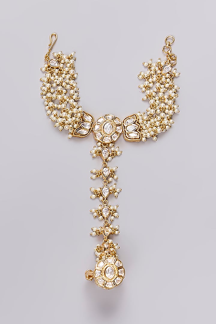 Gold Finish White Kundan Polki Haathphool (Set Of 2) by Preeti Mohan at Pernia's Pop Up Shop