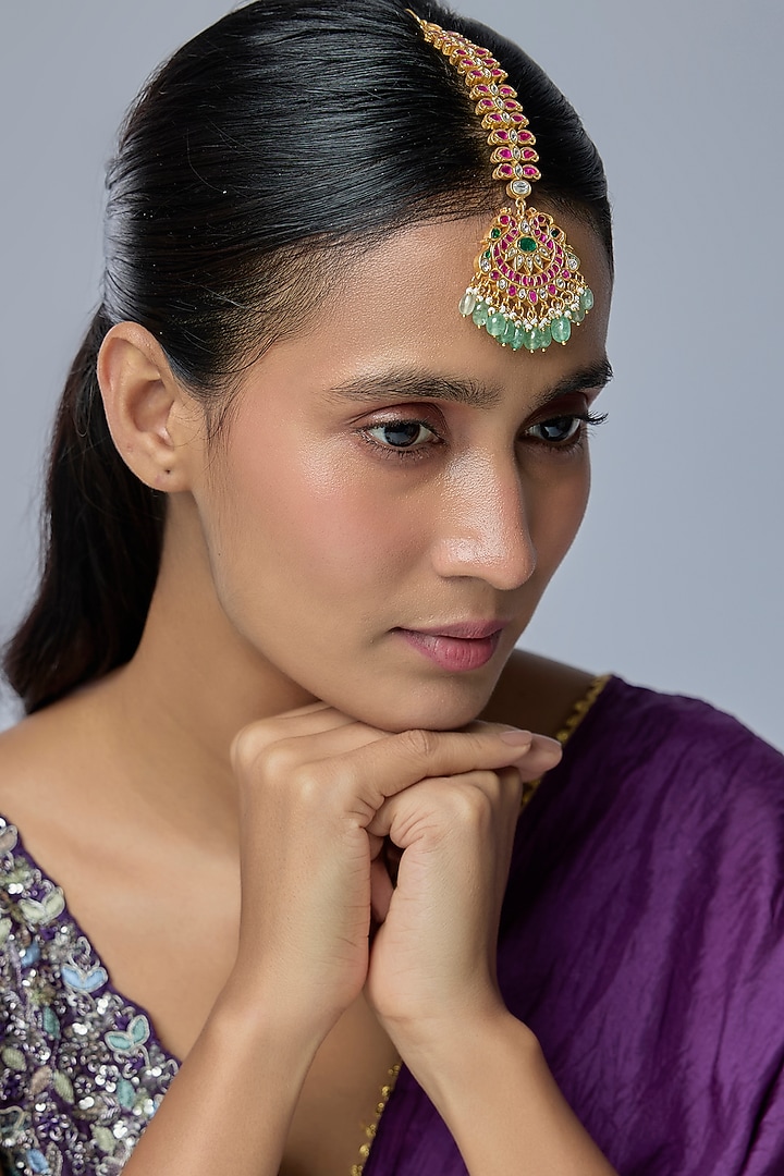 Gold Finish Kundan Polki & Multi-Colored Stone Maangtikka by Preeti Mohan at Pernia's Pop Up Shop