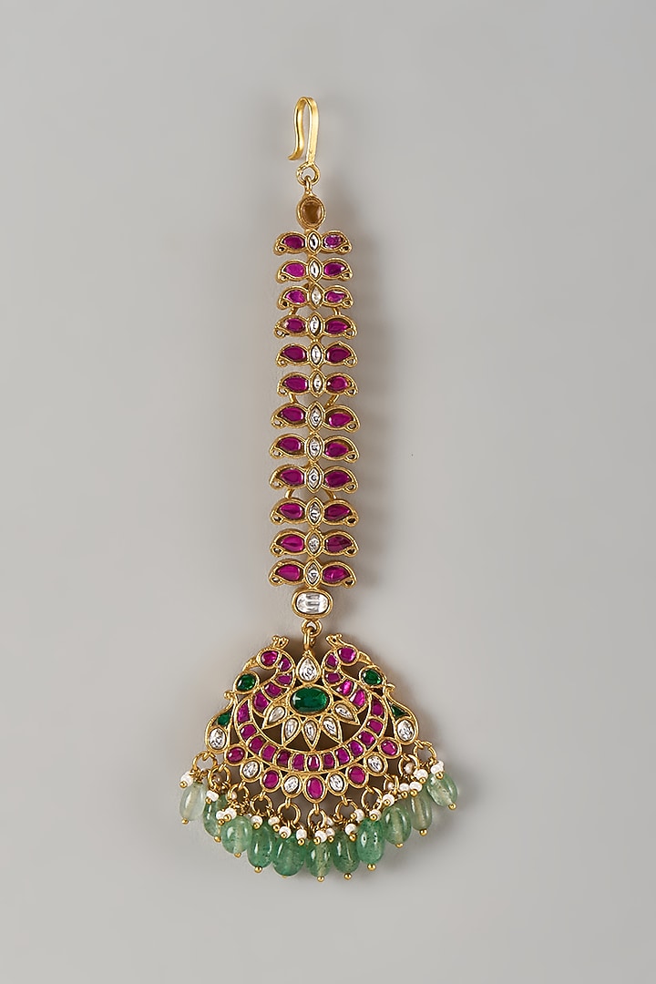 Gold Finish Kundan Polki & Multi-Colored Stone Maangtikka by Preeti Mohan at Pernia's Pop Up Shop