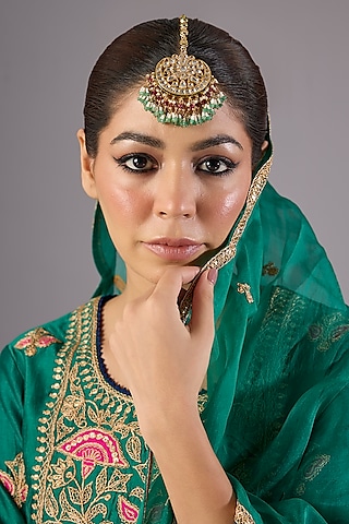 Antique Gold Finish Kundan Polki & Pearl Maangtikka by Preeti Mohan