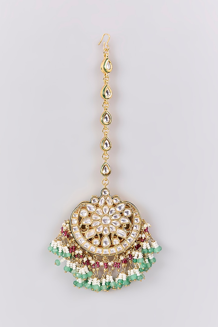 Antique Gold Finish Kundan Polki & Pearl Maangtikka by Preeti Mohan at Pernia's Pop Up Shop