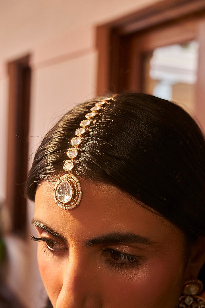 Gold Plated White Stone Maangtikka by Preeti Mohan at Pernia's Pop Up Shop