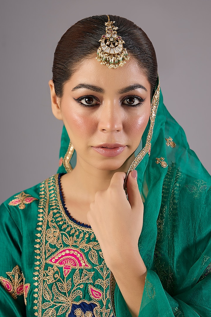 Antique Gold Finish Kundan Polki & Pearl Maangtikka by Preeti Mohan at Pernia's Pop Up Shop