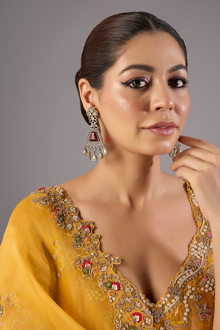 Antique Gold Finish Kundan Polki & Pearl Dangler Earrings by Preeti Mohan at Pernia's Pop Up Shop