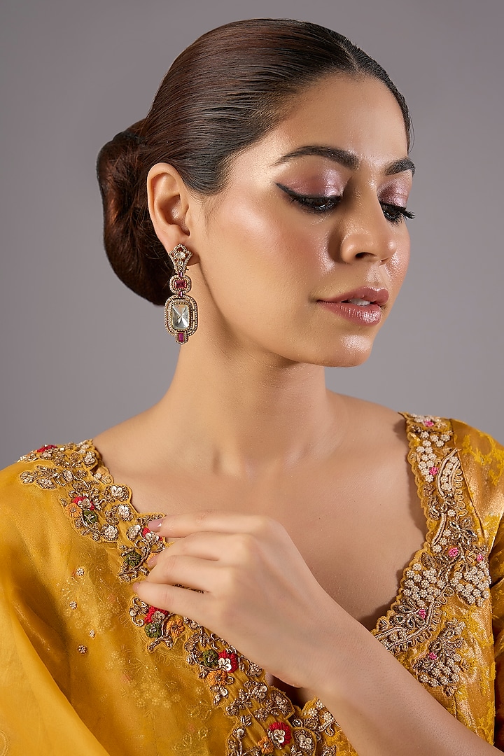 Antique Gold Finish Kundan Polki & Pearl Dangler Earrings by Preeti Mohan at Pernia's Pop Up Shop