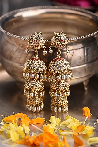 Gold Plated White Pearl Jhumka Earrings by Preeti Mohan