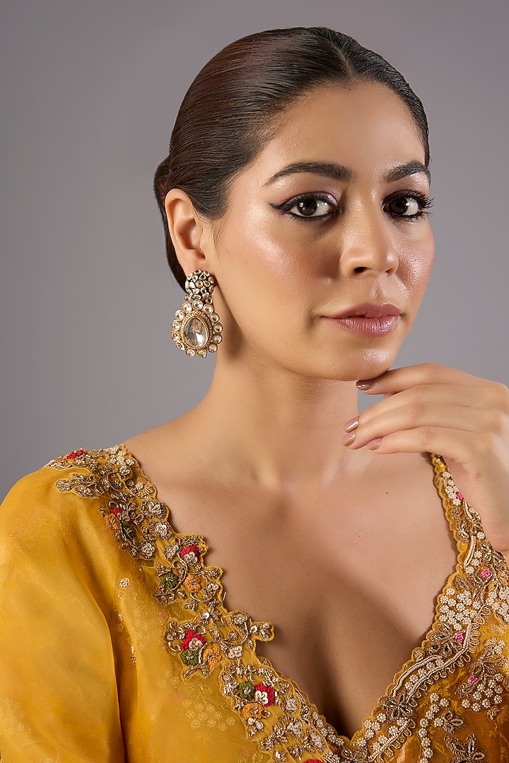 Antique Gold Finish Kundan Polki & Pearl Dangler Earrings by Preeti Mohan at Pernia's Pop Up Shop