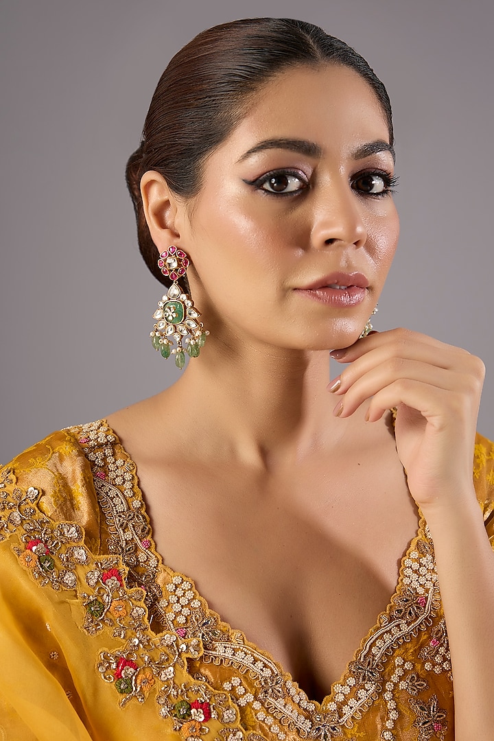Antique Gold Finish Kundan Polki & Pearl Dangler Earrings by Preeti Mohan at Pernia's Pop Up Shop