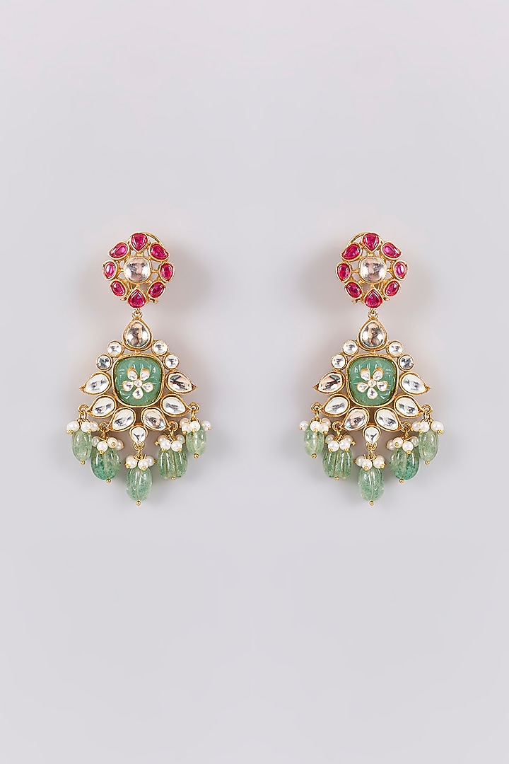 Antique Gold Finish Kundan Polki & Pearl Dangler Earrings by Preeti Mohan at Pernia's Pop Up Shop