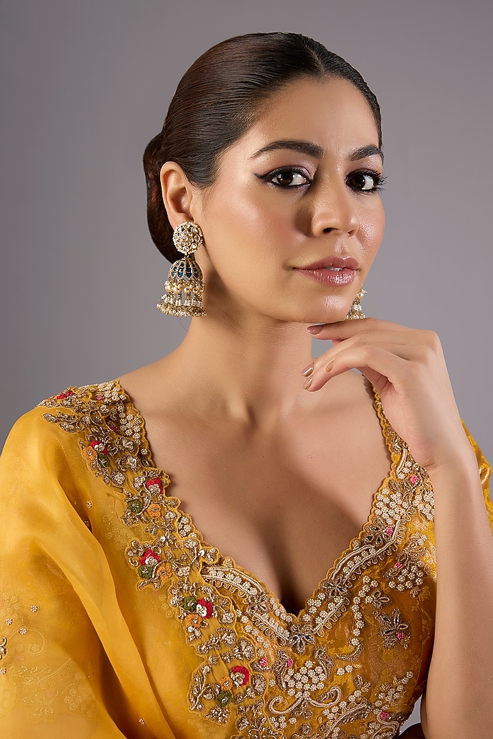 Antique Gold Finish Kundan Polki & Pearl Dangler Earrings by Preeti Mohan at Pernia's Pop Up Shop