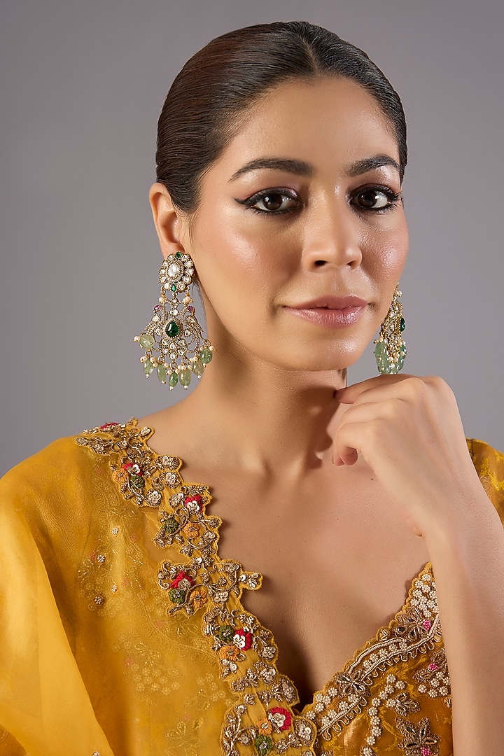 Antique Gold Finish Kundan Polki & Pearl Dangler Earrings by Preeti Mohan at Pernia's Pop Up Shop