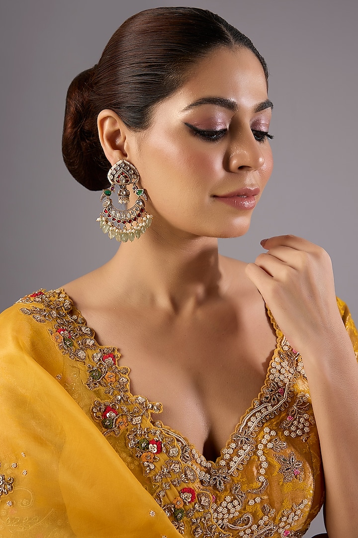 Antique Gold Finish Kundan Polki & Pearl Dangler Earrings by Preeti Mohan at Pernia's Pop Up Shop