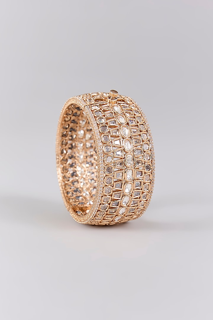 Antique Gold Finish Kundan Polki & Pearl Bangles (Set Of 2) by Preeti Mohan at Pernia's Pop Up Shop