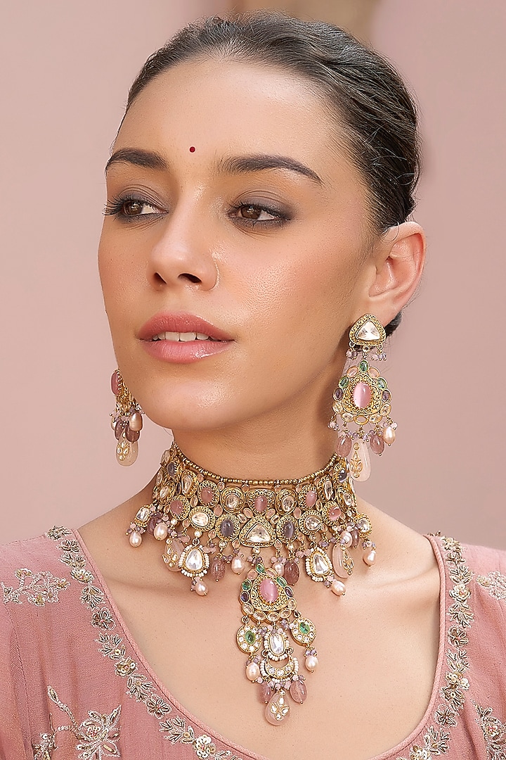 Gold Plated Rose Quartz Choker Necklace Set by Preeti Mohan at Pernia's Pop Up Shop