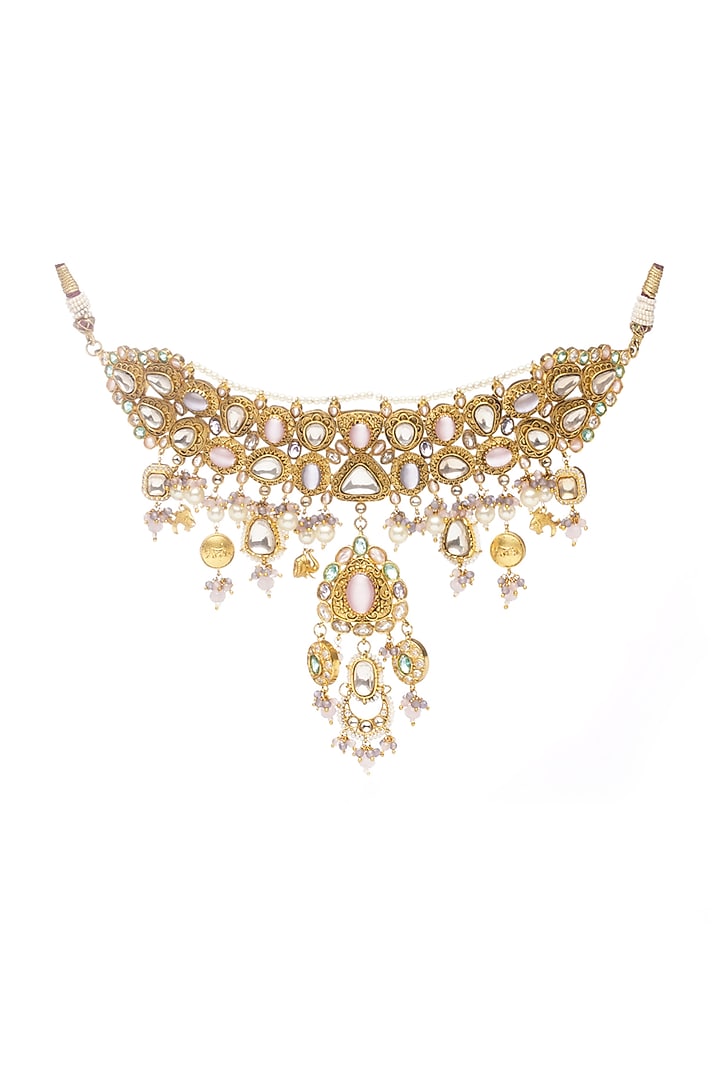 Gold Plated Rose Quartz Choker Necklace Set by Preeti Mohan at Pernia's Pop Up Shop