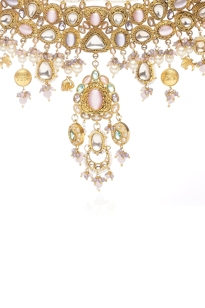 Gold Plated Rose Quartz Choker Necklace Set by Preeti Mohan at Pernia's Pop Up Shop