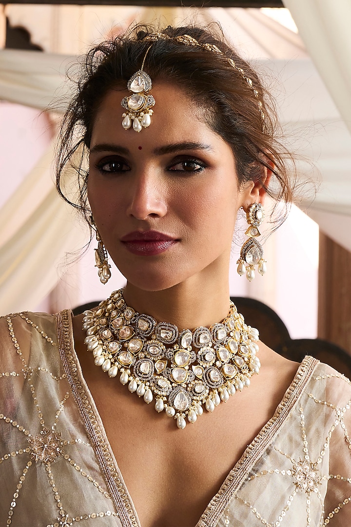 Gold Plated White Pearl Necklace Set by Preeti Mohan at Pernia's Pop Up Shop