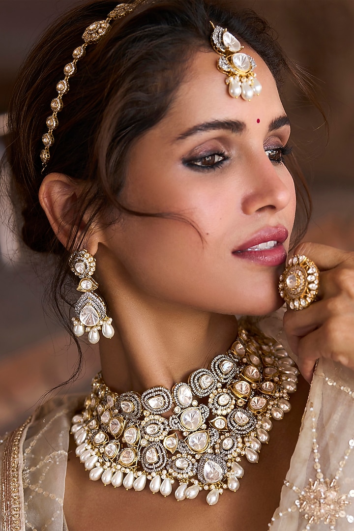 Gold Plated White Pearl Necklace Set by Preeti Mohan at Pernia's Pop Up Shop