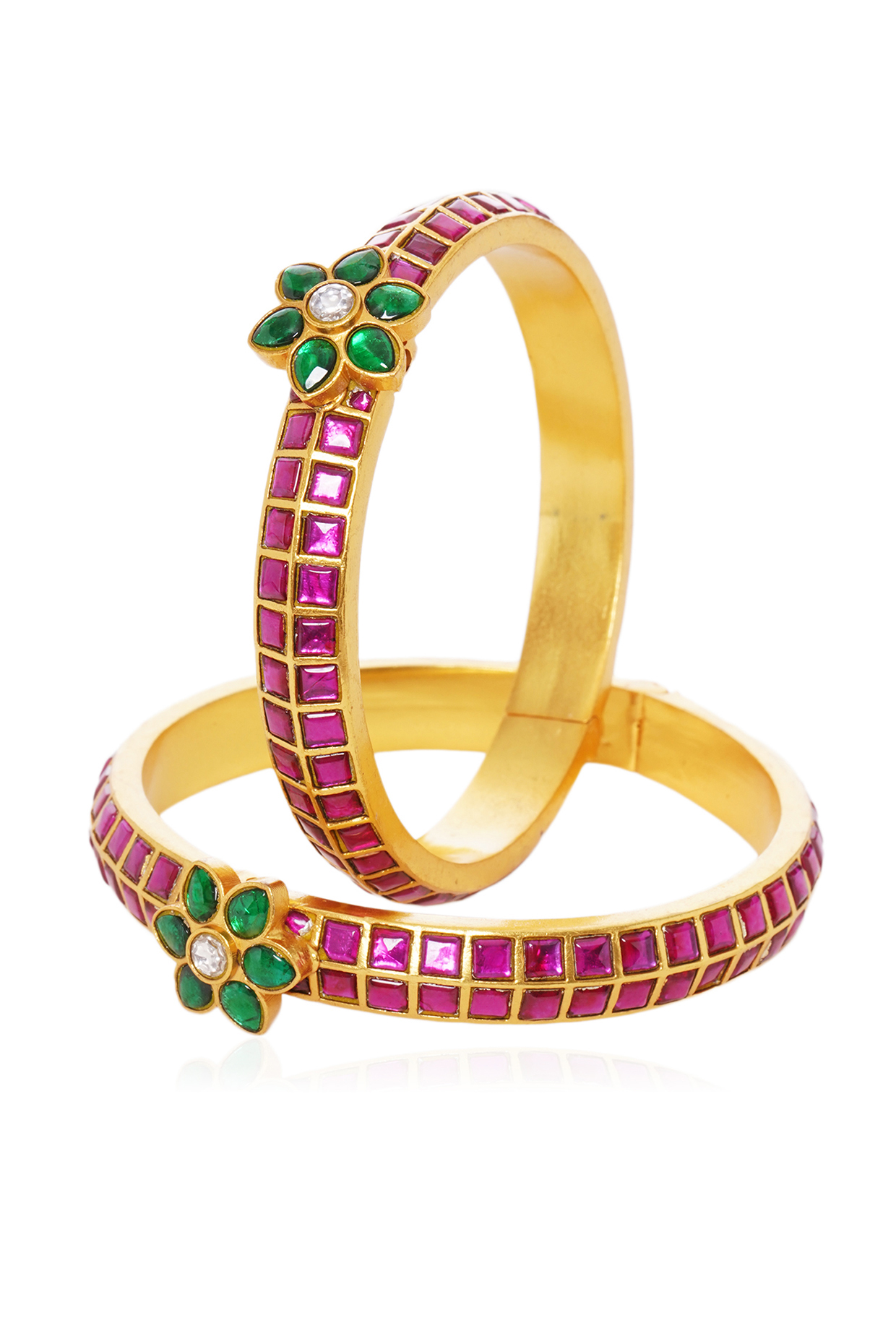 Gold Plated Red & Green Stone Bangles (Set Of 2) by Preeti Mohan at Pernia's Pop Up Shop