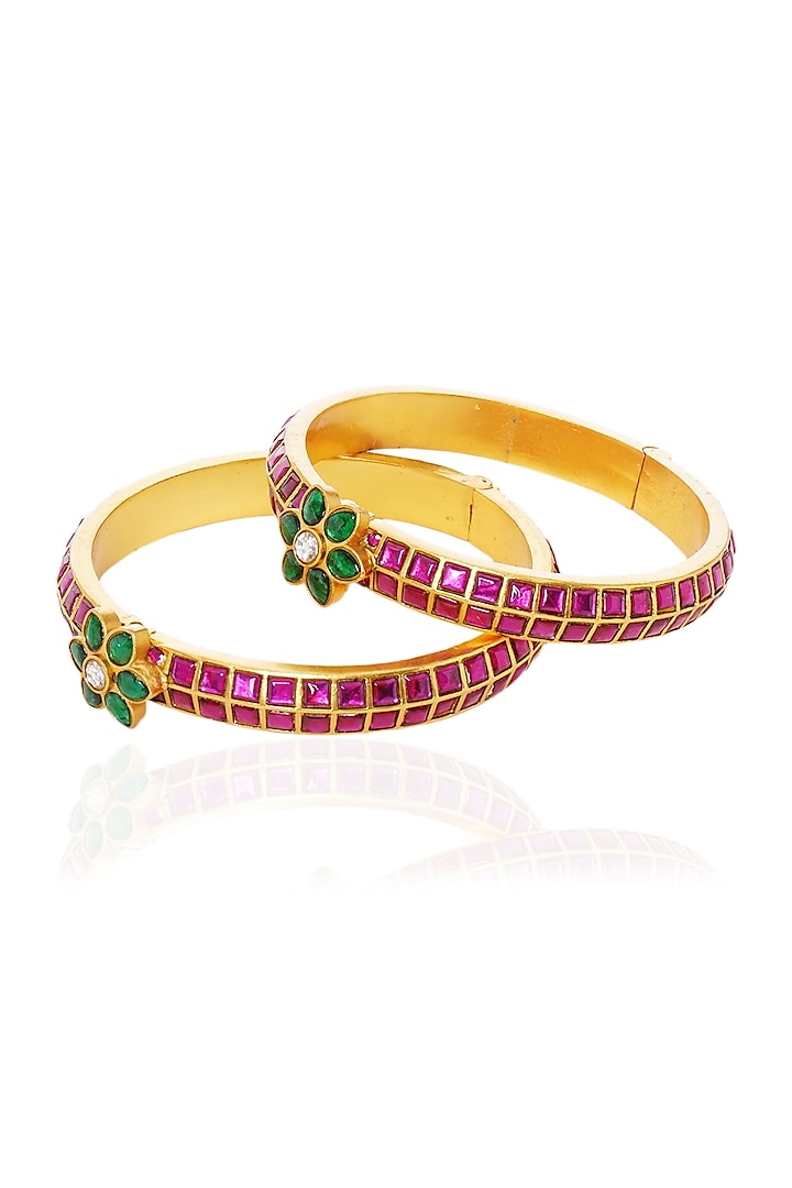 Gold Plated Red & Green Stone Bangles (Set Of 2) by Preeti Mohan at Pernia's Pop Up Shop