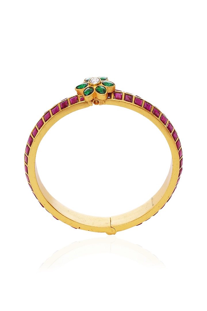 Gold Plated Red & Green Stone Bangles (Set Of 2) by Preeti Mohan at Pernia's Pop Up Shop