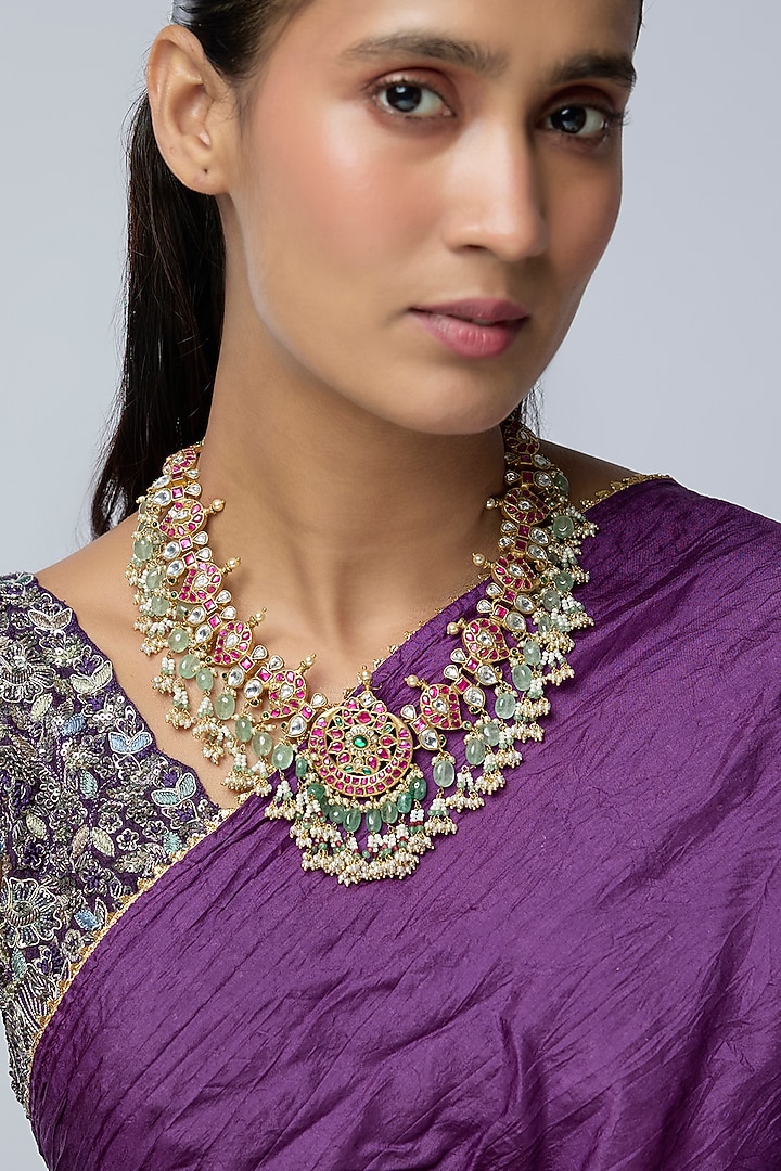Gold Finish Kundan Polki & Multi-Colored Stone Necklace by Preeti Mohan at Pernia's Pop Up Shop