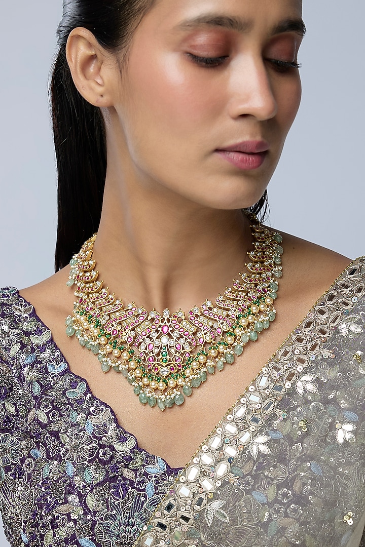 Gold Finish Kundan Polki & Multi-Colored Stone Necklace by Preeti Mohan at Pernia's Pop Up Shop