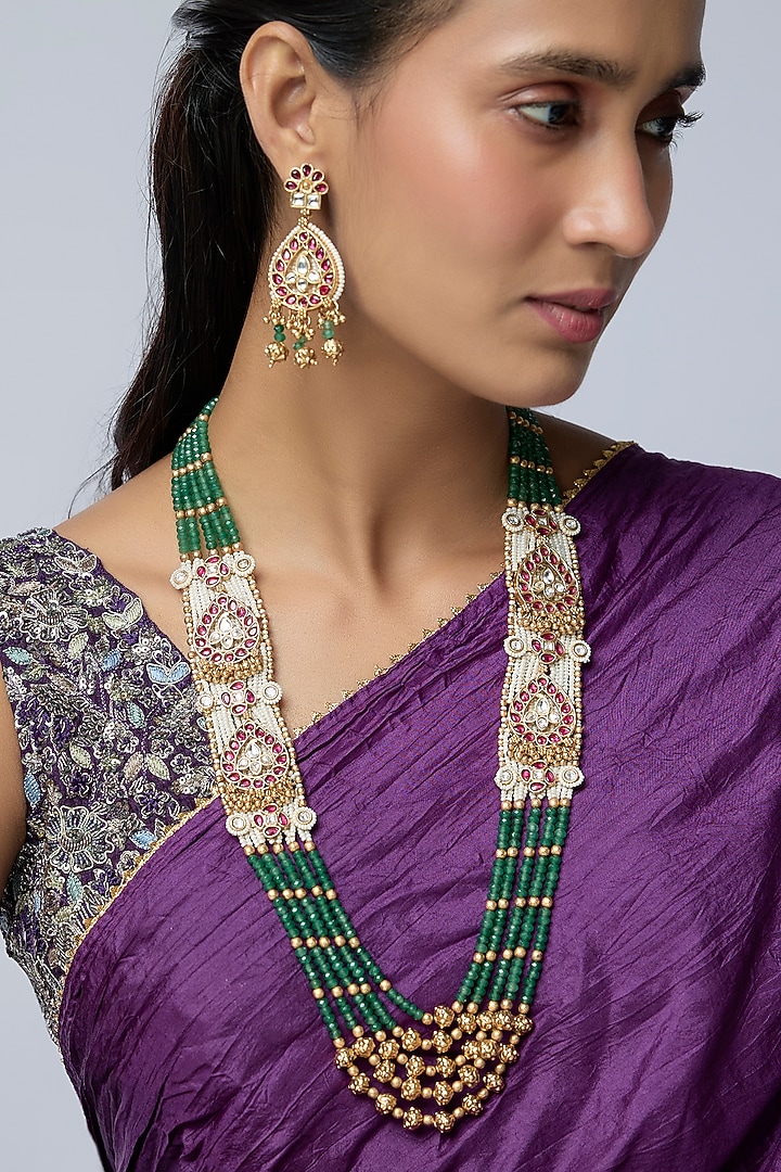 Gold Finish Kundan Polki & Multi-Colored Stone Necklace Set by Preeti Mohan at Pernia's Pop Up Shop