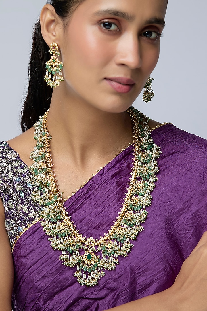 Gold Finish Kundan Polki & Multi-Colored Stone Necklace Set by Preeti Mohan at Pernia's Pop Up Shop