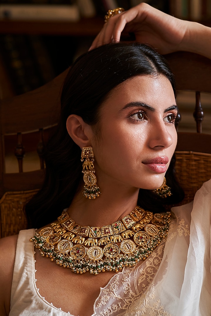 Gold Plated Green Onyx & Pearl Necklace Set by Preeti Mohan at Pernia's Pop Up Shop