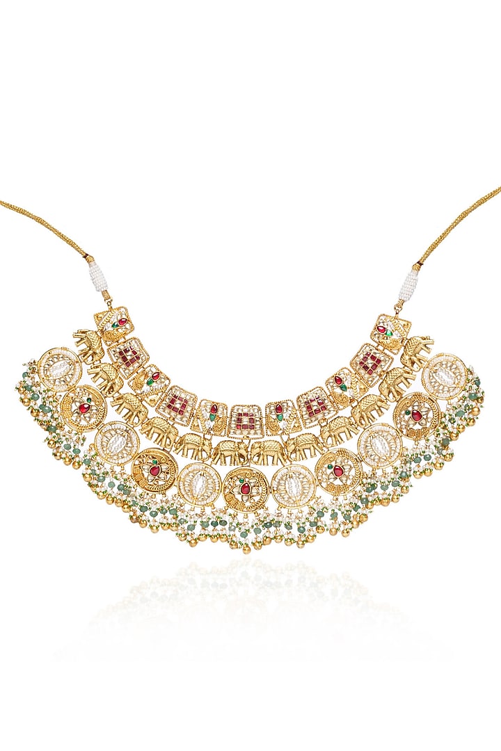 Gold Plated Green Onyx & Pearl Necklace Set by Preeti Mohan at Pernia's Pop Up Shop