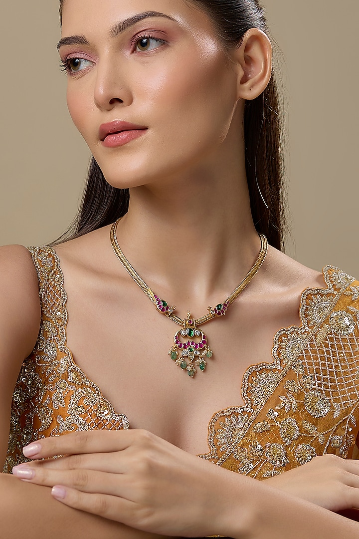Gold Finish Kundan Polki & Green Onyx Fluorite Stone Necklace In Sterling Silver by Preeti Mohan at Pernia's Pop Up Shop