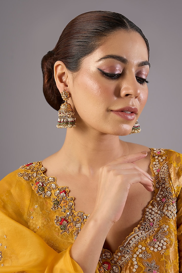 Antique Gold Finish Kundan Polki & Pearl Jhumka Earrings by Preeti Mohan at Pernia's Pop Up Shop