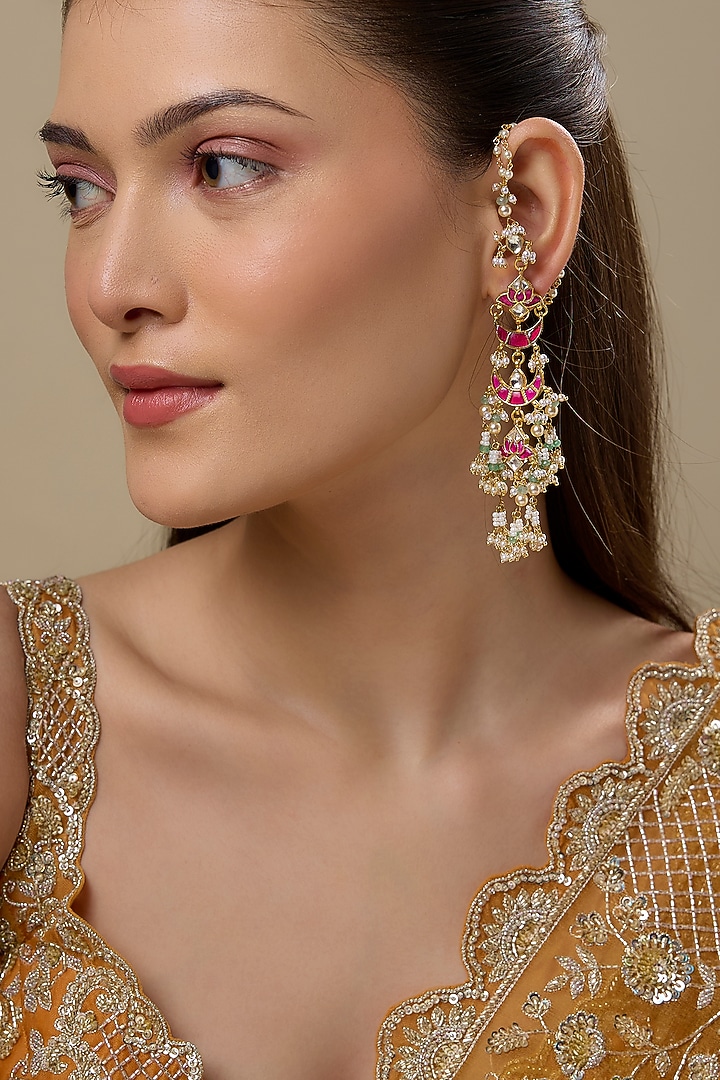 Gold Finish Red & Green Kundan Polki Earchains by Preeti Mohan at Pernia's Pop Up Shop