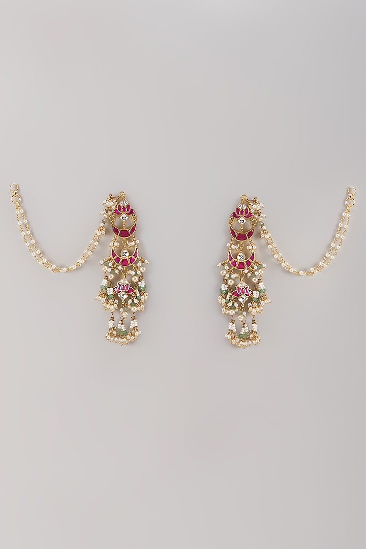 Gold Finish Red & Green Kundan Polki Earchains by Preeti Mohan at Pernia's Pop Up Shop