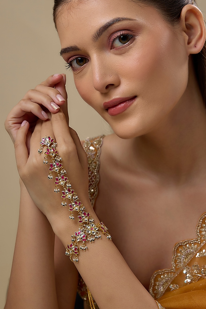 Gold Finish Kundan Polki Haathphool by Preeti Mohan at Pernia's Pop Up Shop