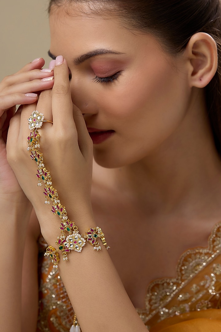 Gold Finish Kundan Polki Haathphool by Preeti Mohan at Pernia's Pop Up Shop