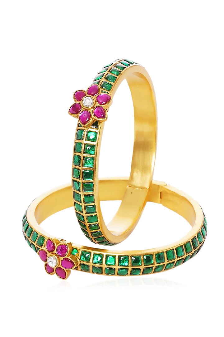 Gold Plated Red & Green Stone Bangles (Set Of 2) by Preeti Mohan at Pernia's Pop Up Shop
