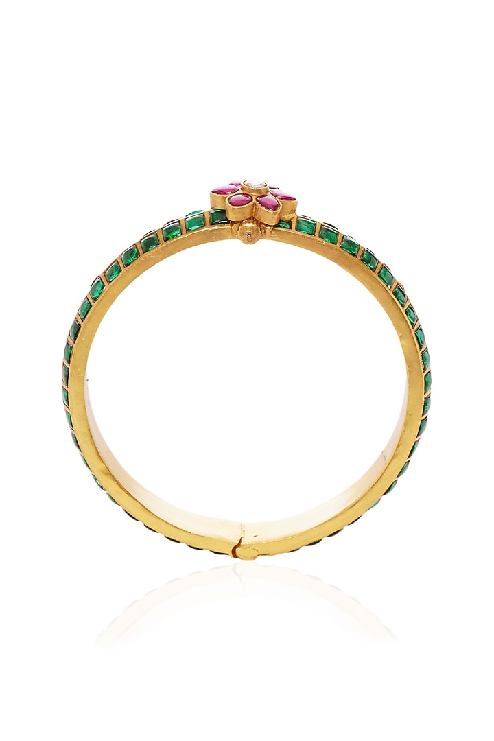Gold Plated Red & Green Stone Bangles (Set Of 2) by Preeti Mohan at Pernia's Pop Up Shop