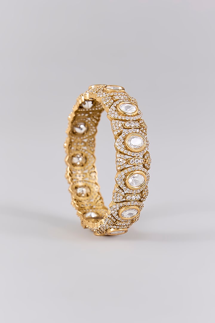 Antique Gold Finish Kundan Polki & Pearl Bangles (Set Of 2) by Preeti Mohan at Pernia's Pop Up Shop