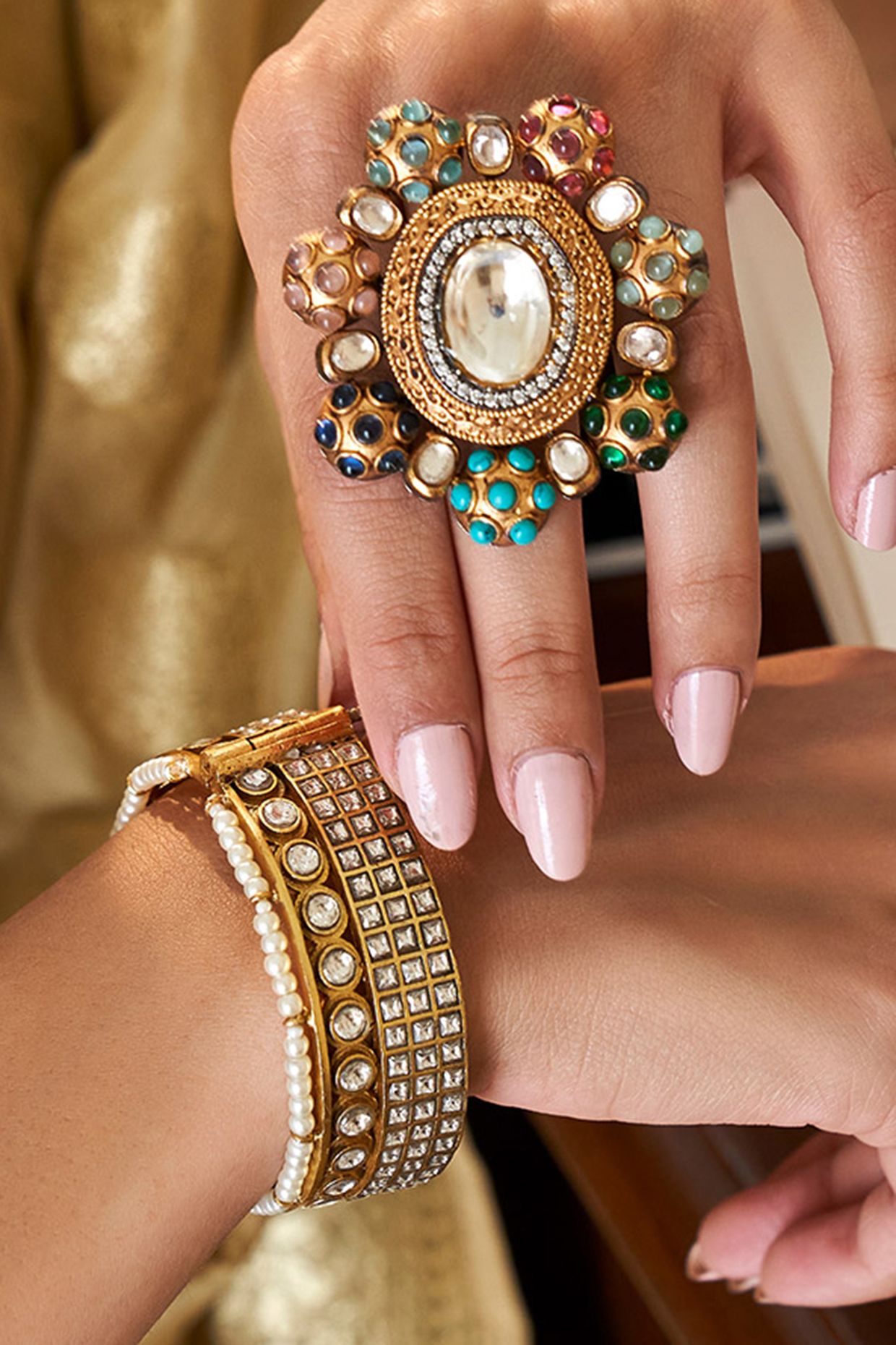 Gold Plated White Stone Bangle by Preeti Mohan at Pernia's Pop Up Shop