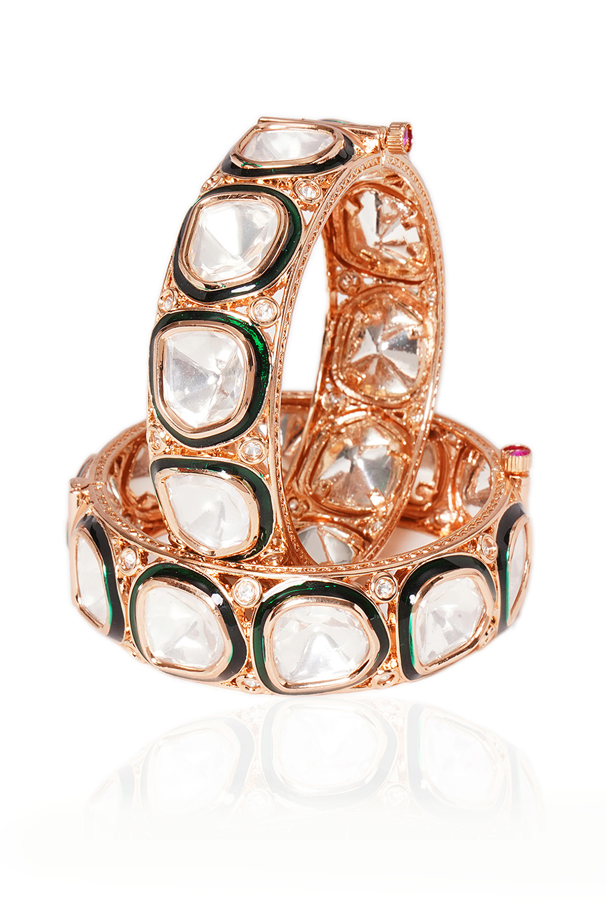 Gold Plated Green Stone Bangles (Set Of 2) by Preeti Mohan at Pernia's Pop Up Shop