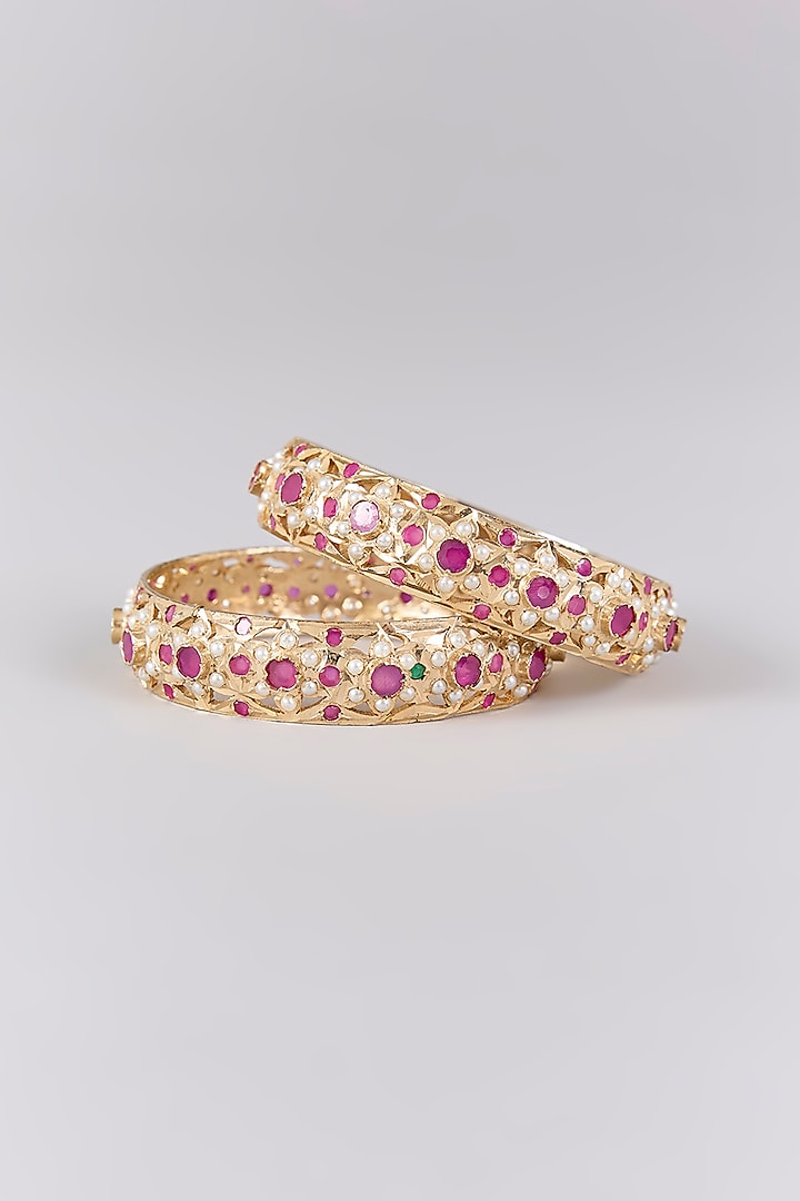 Gold Finish Ruby Bangles (Set Of 2) by Preeti Mohan at Pernia's Pop Up Shop