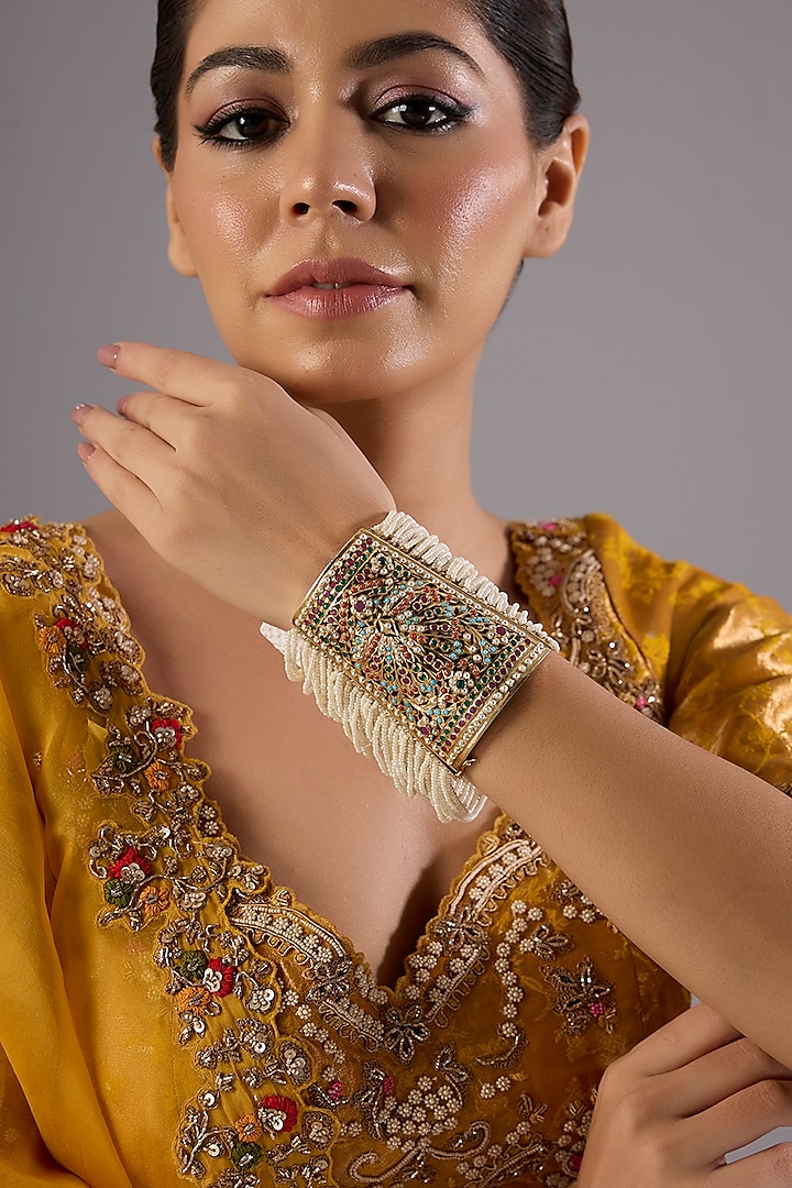 Antique Gold Finish Kundan Polki & Pearl Bangle by Preeti Mohan at Pernia's Pop Up Shop