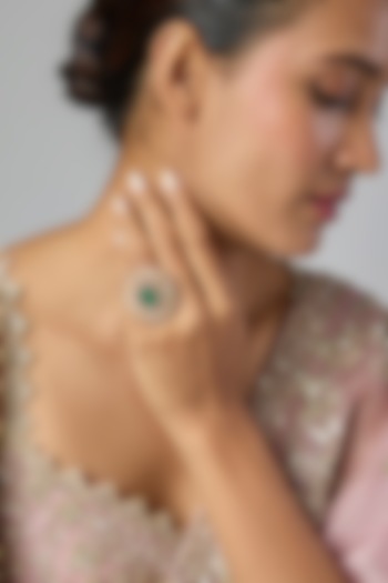 Gold Finish Green Moissanite Polki Ring by Preeti Mohan at Pernia's Pop Up Shop