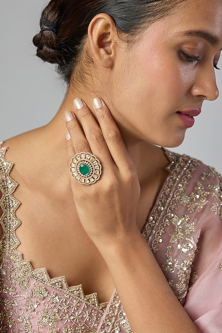 Gold Finish Green Moissanite Polki Ring by Preeti Mohan at Pernia's Pop Up Shop