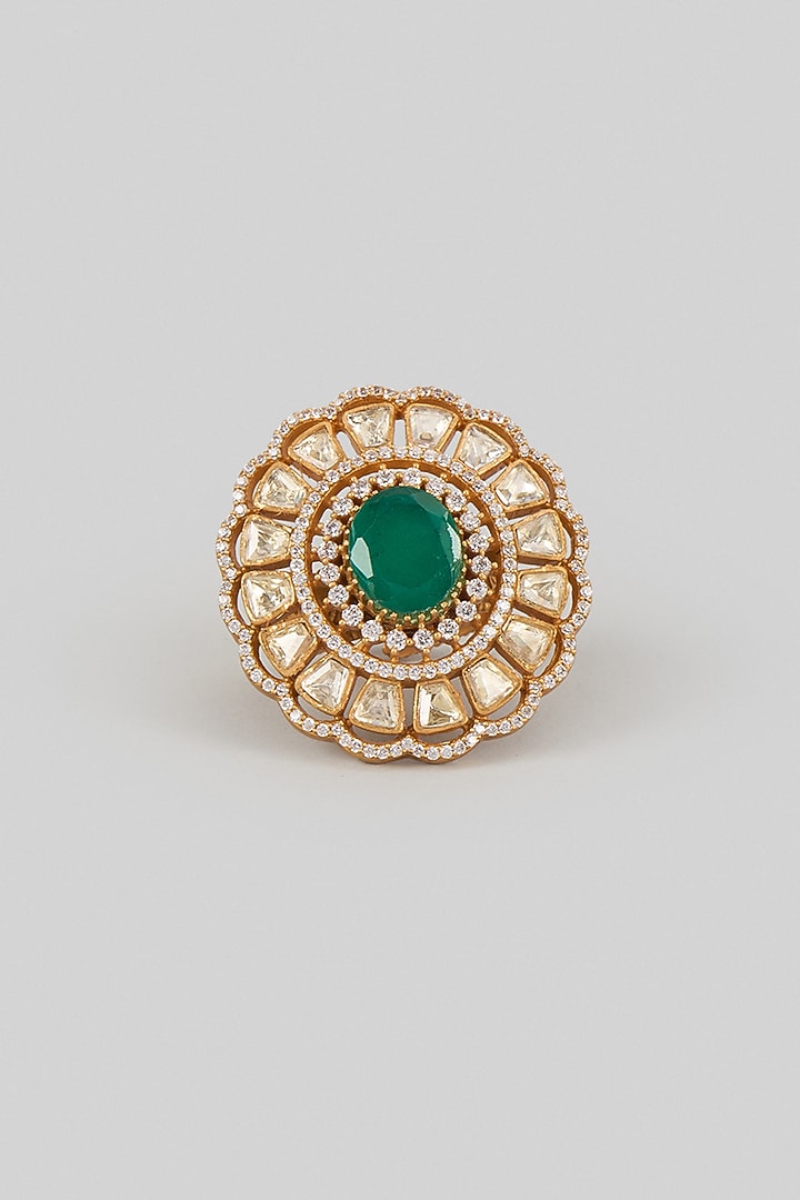 Gold Finish Green Moissanite Polki Ring by Preeti Mohan at Pernia's Pop Up Shop