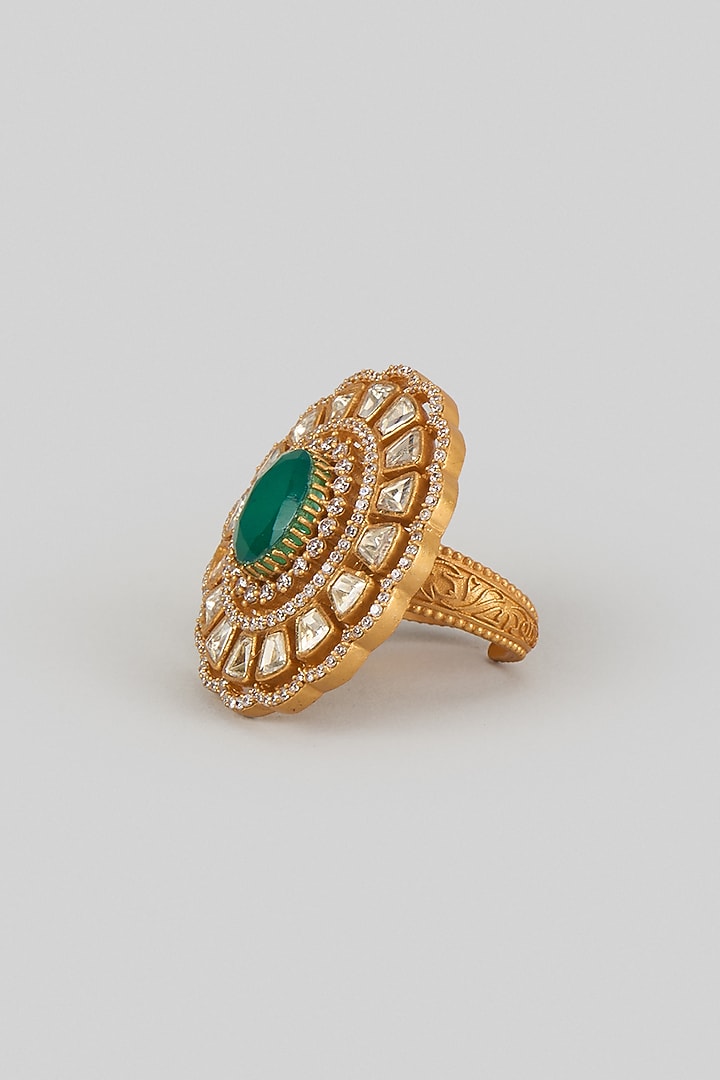 Gold Finish Green Moissanite Polki Ring by Preeti Mohan at Pernia's Pop Up Shop