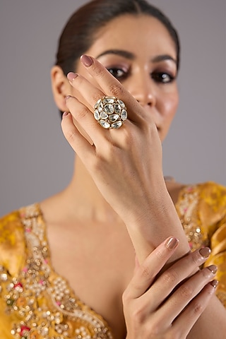 Antique Gold Finish Kundan Polki & Pearl Ring by Preeti Mohan